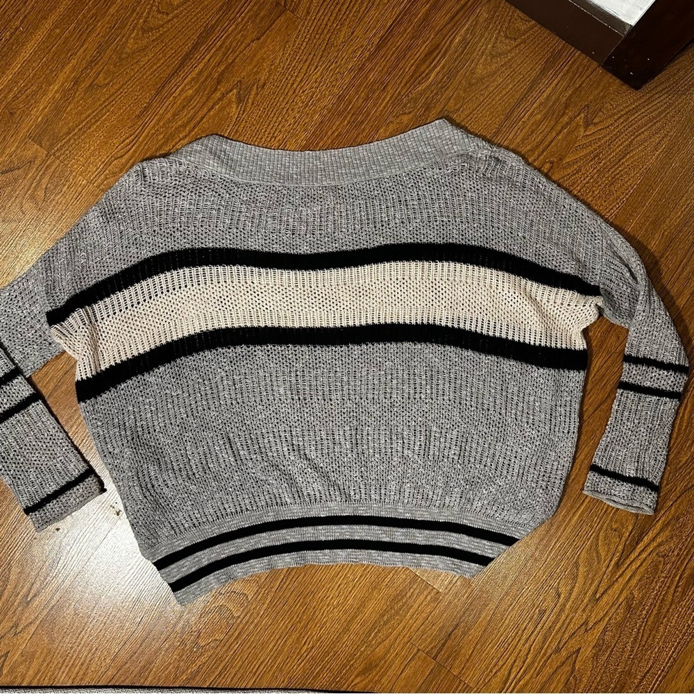 Free People Open Knit Mixed Texture Sweater Grey Black Cream Large EUC
